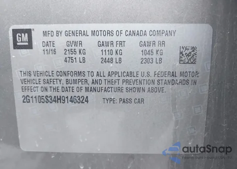 2017 Chevrolet Impala 1Lt из США, поврежденный, VIN 2G1105S34H9146324